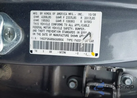2009 Honda Accord 2.4 Lx-P z USA, uszkodzony, nr VIN 1HGCP26489A048904